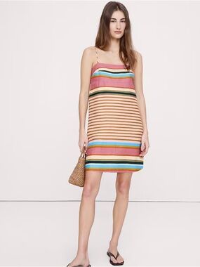Banana Republic Striped Spaghetti-Strap Mini Dress in Pink, Tan, Blue and Green